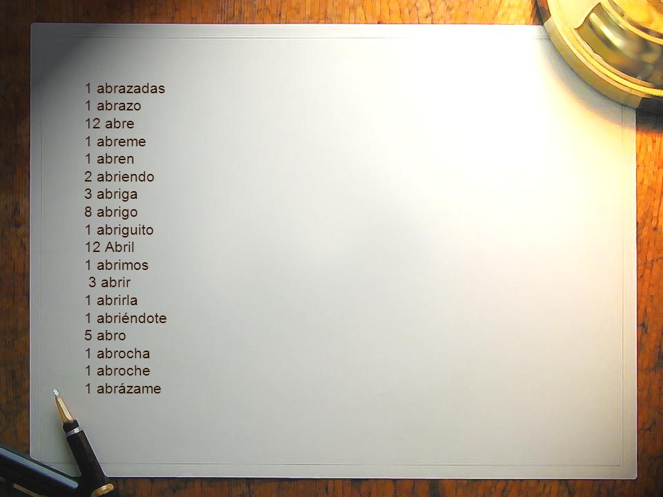 1 abrazadas 1 abrazo 12 abre 1 abreme 1 abren 2 abriendo 3 abriga 8 abrigo 1 abriguito 12 Abril 1 abrimos 3 abrir 1 abrirla 1 abriéndote 5 abro 1 abrocha 1 abroche 1 abrázame