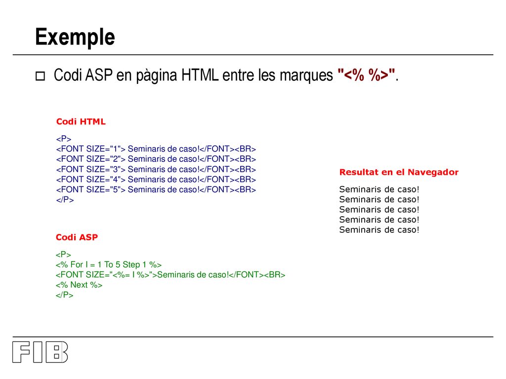 Exemple Codi ASP en pàgina HTML entre les marques <% %> .