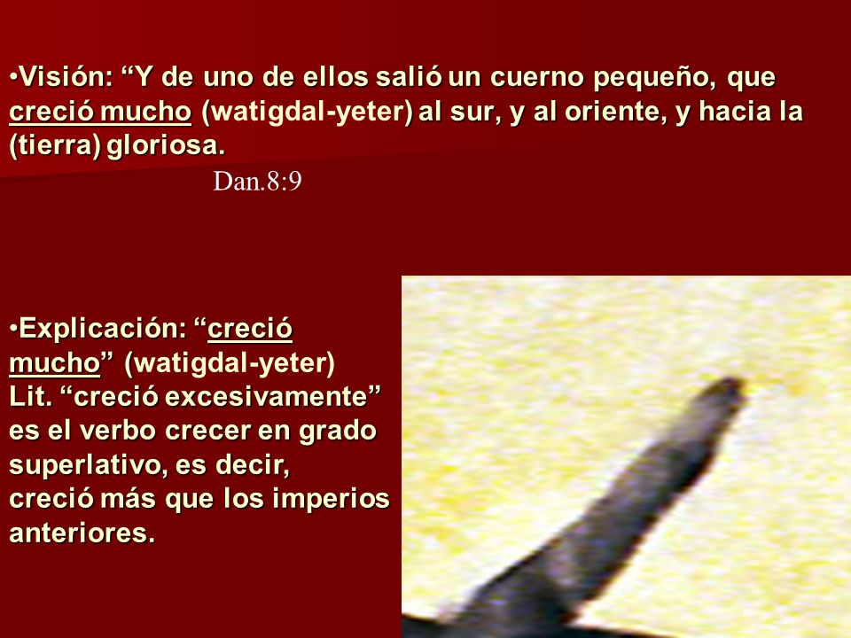 Visión: Y de uno de ellos salió un cuerno pequeño, que creció mucho (watigdal-yeter) al sur, y al oriente, y hacia la (tierra) gloriosa.