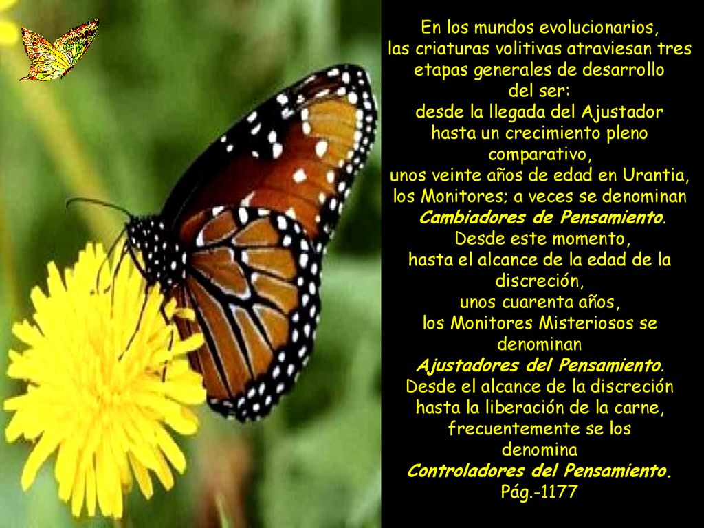 En los mundos evolucionarios, las criaturas volitivas atraviesan tres etapas generales de desarrollo del ser: desde la llegada del Ajustador hasta un crecimiento pleno comparativo, unos veinte años de edad en Urantia, los Monitores; a veces se denominan Cambiadores de Pensamiento.