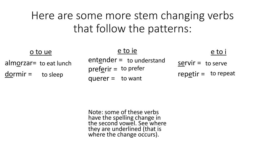 Here are some more stem changing verbs that follow the patterns: