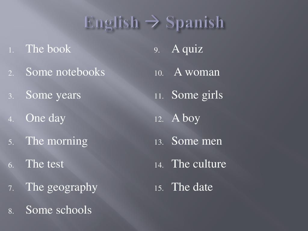 English  Spanish The book A quiz Some notebooks A woman Some years
