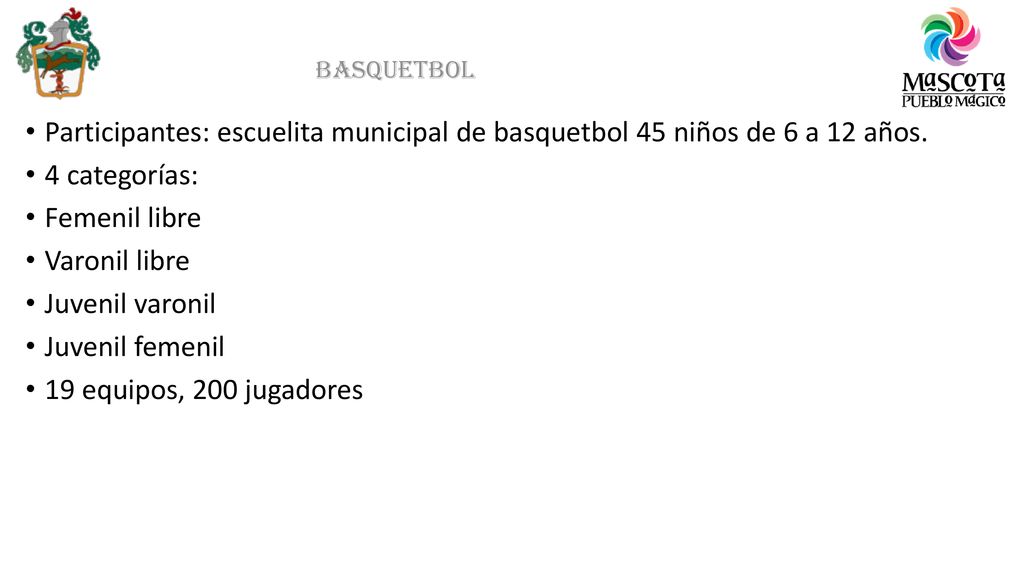 Basquetbol Participantes: escuelita municipal de basquetbol 45 niños de 6 a 12 años. 4 categorías: