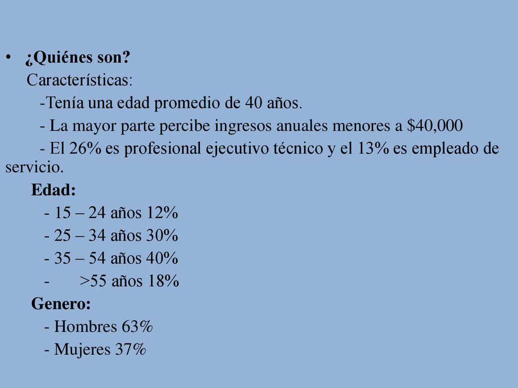 ¿Quiénes son Características: -Tenía una edad promedio de 40 años. - La mayor parte percibe ingresos anuales menores a $40,000.