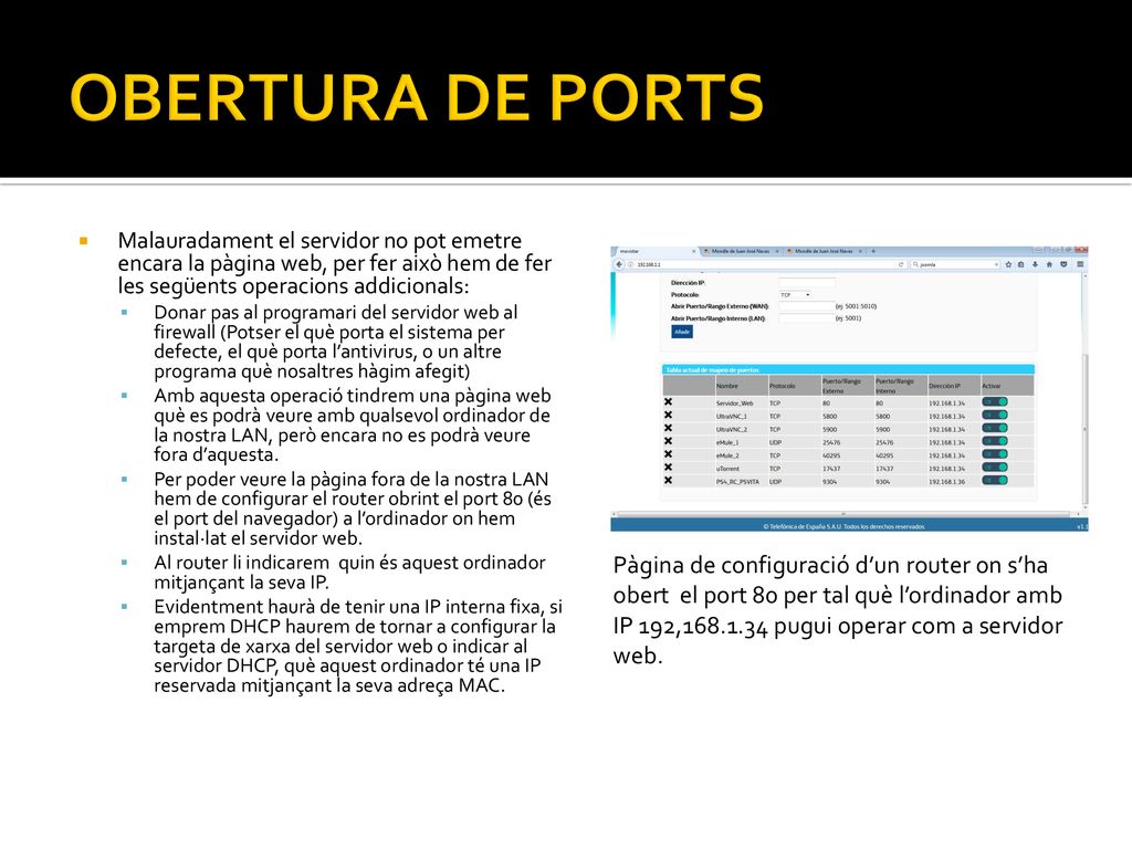 OBERTURA DE PORTS Malauradament el servidor no pot emetre encara la pàgina web, per fer això hem de fer les següents operacions addicionals: