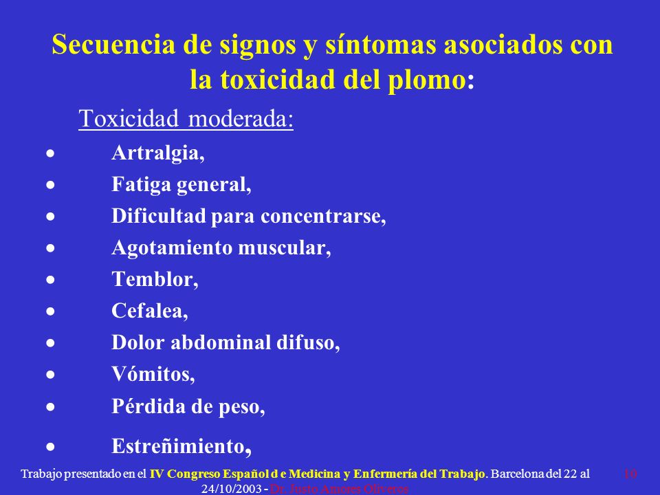 Secuencia de signos y síntomas asociados con la toxicidad del plomo: