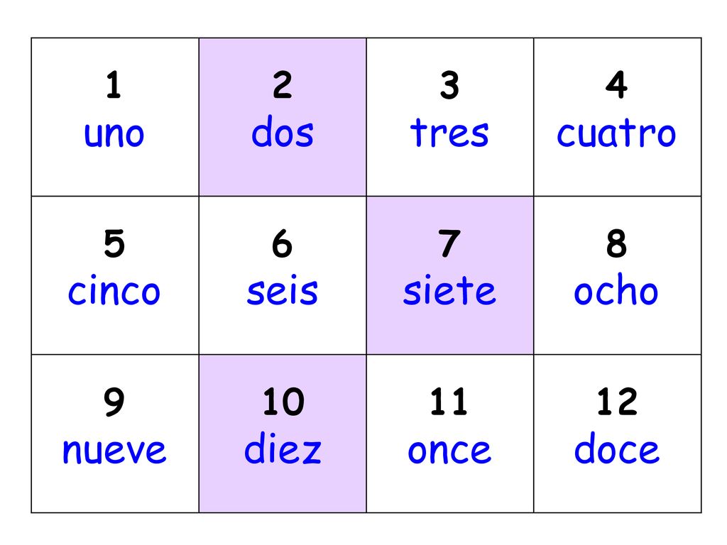 uno un dos tres trois cuatro quatre cinco cinq six seis siete huit