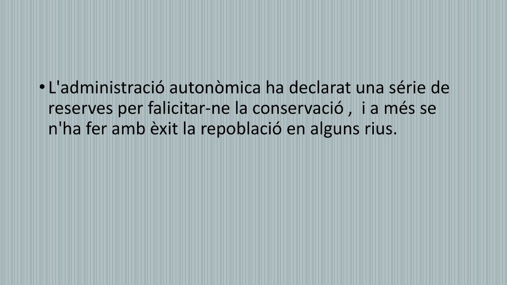 L administració autonòmica ha declarat una série de reserves per falicitar-ne la conservació , i a més se n ha fer amb èxit la repoblació en alguns rius.