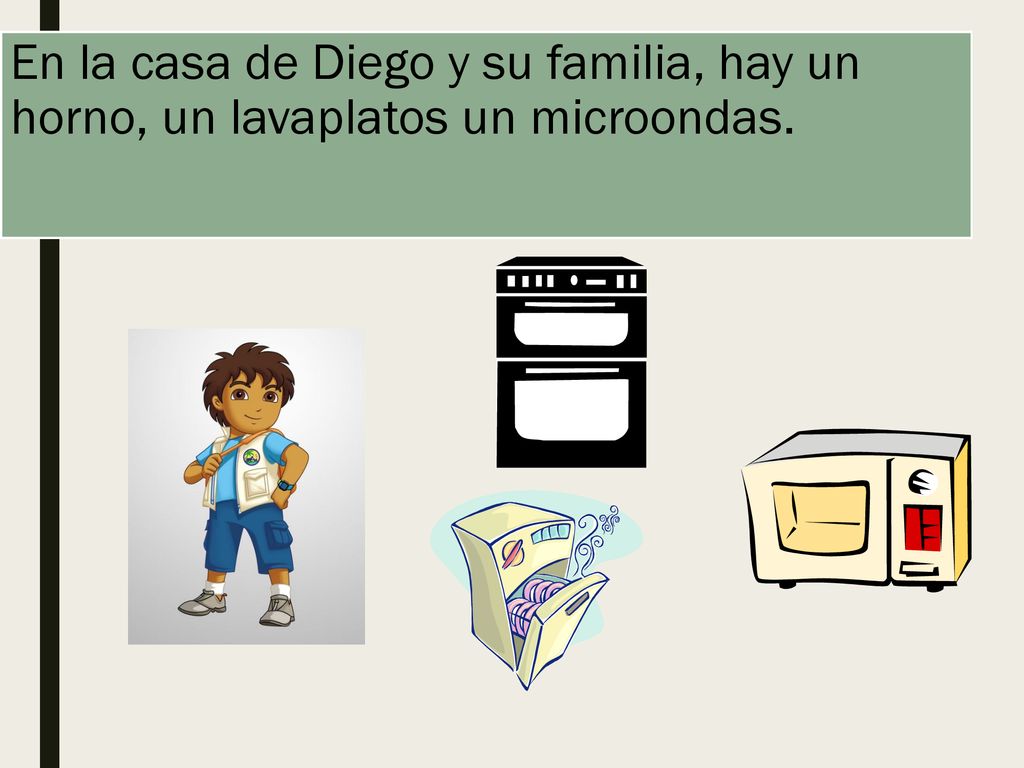 En la casa de Diego y su familia, hay un horno, un lavaplatos un microondas.