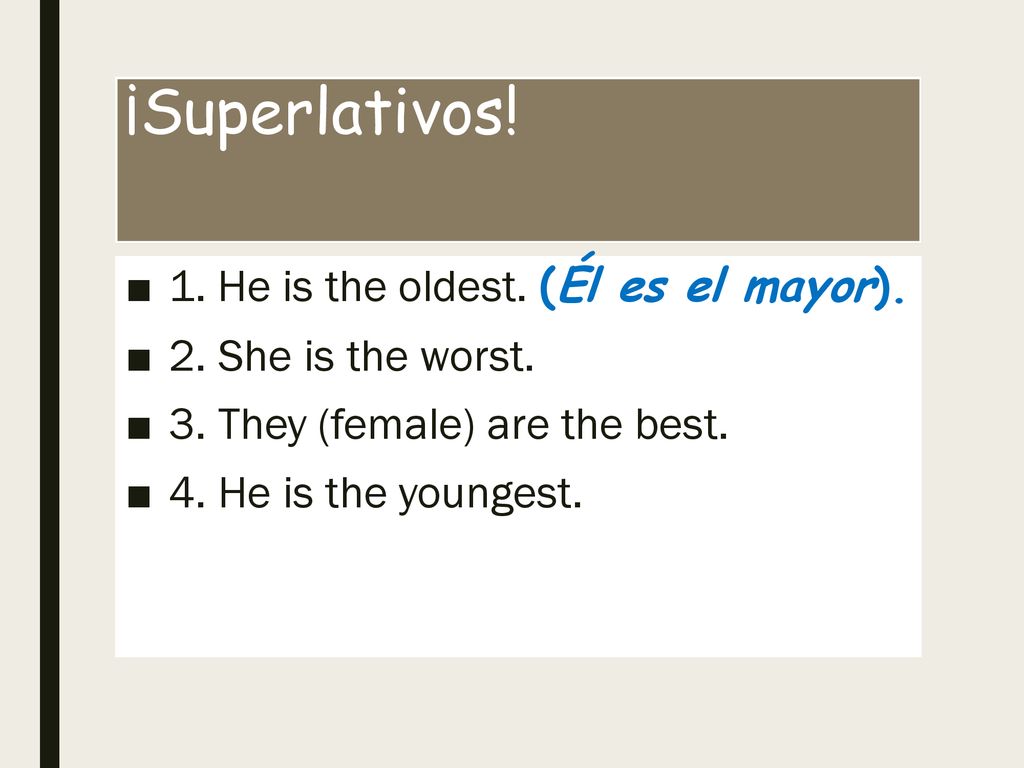 ¡Superlativos! 1. He is the oldest. (Él es el mayor).