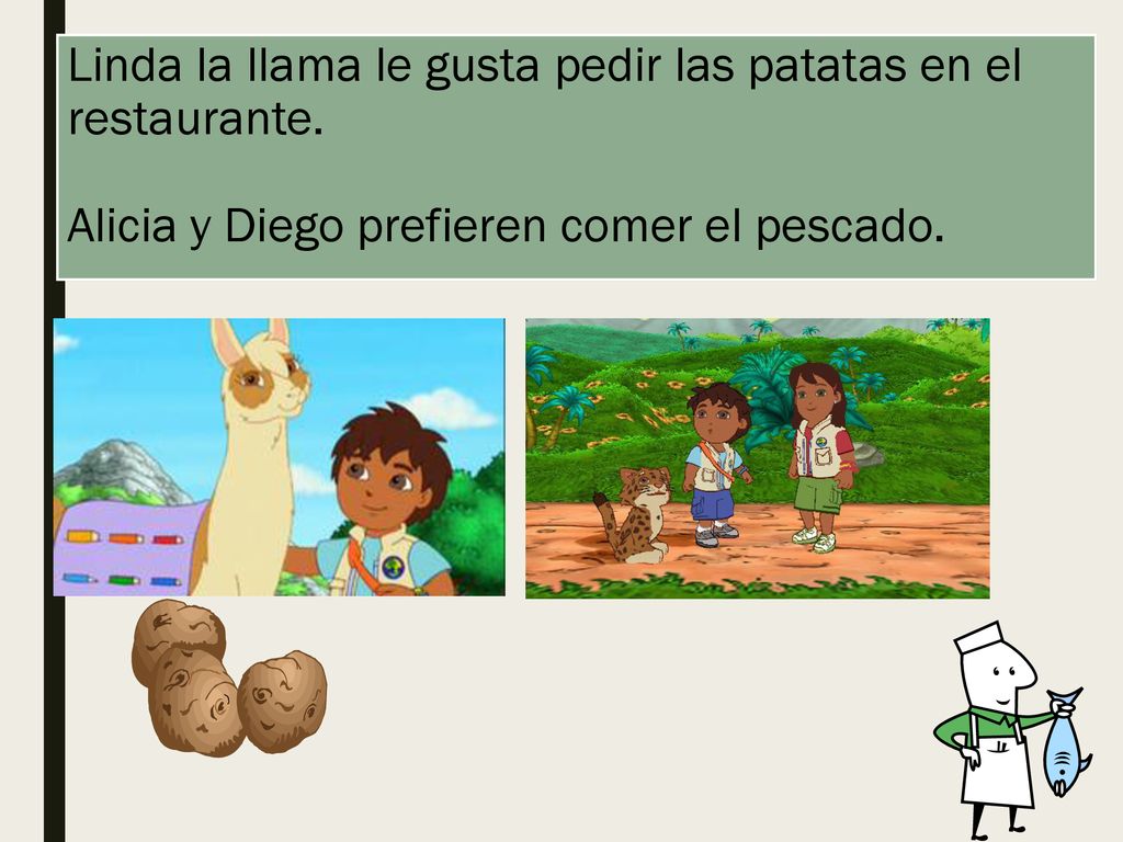 Linda la llama le gusta pedir las patatas en el restaurante