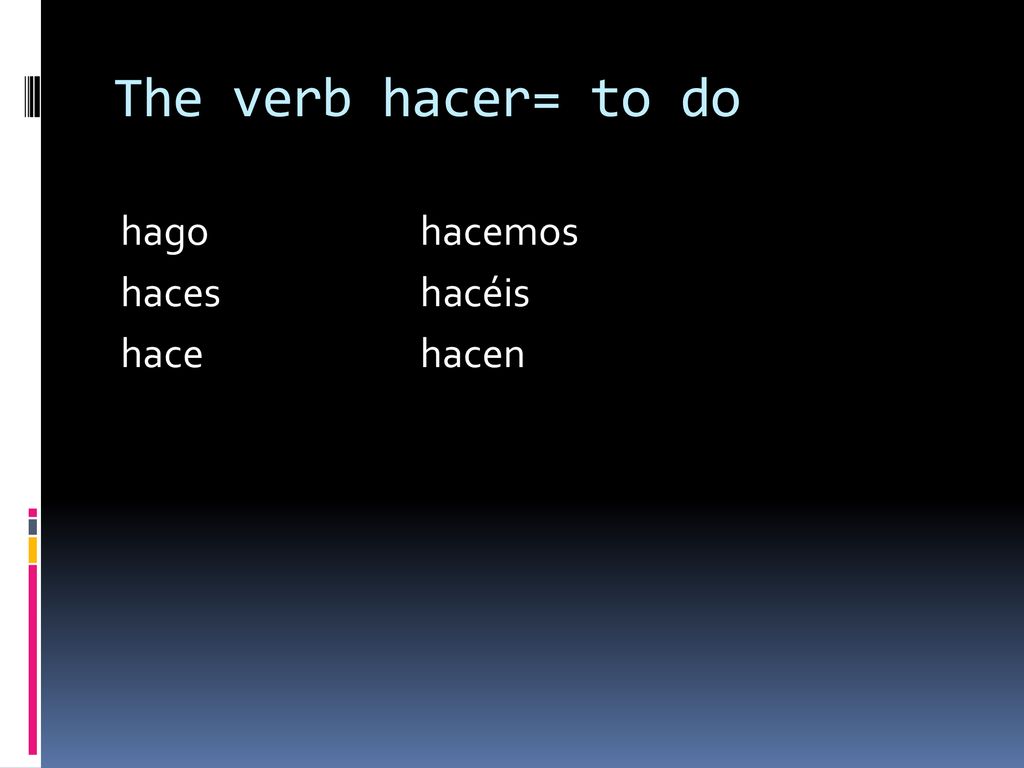 The verb hacer= to do hago hacemos haces hacéis hace hacen