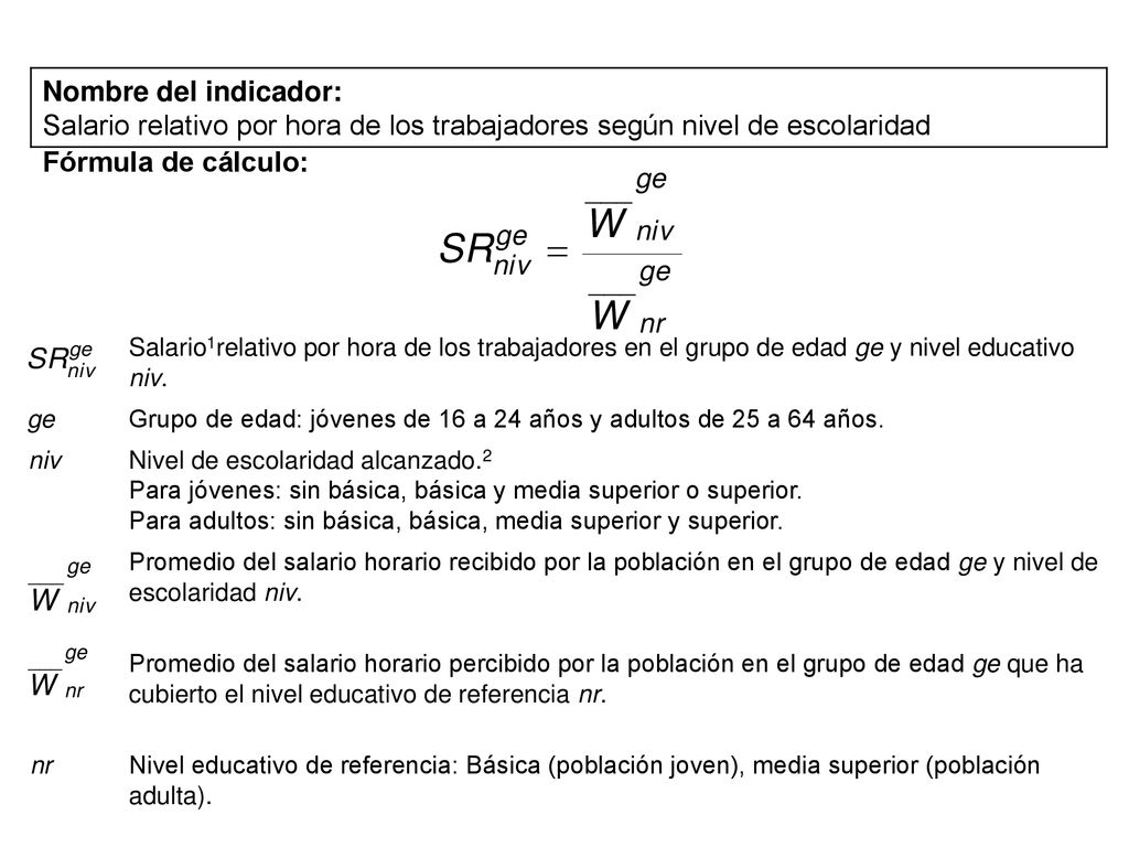 Nombre del indicador: Salario relativo por hora de los trabajadores según nivel de escolaridad. Fórmula de cálculo: