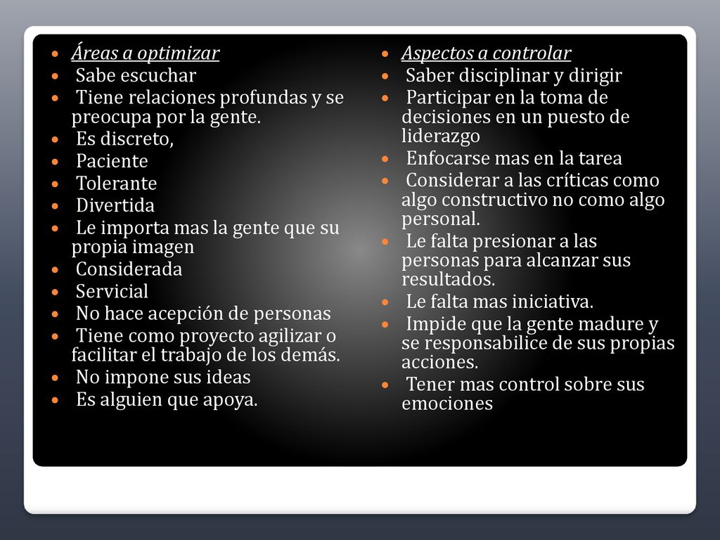 Áreas a optimizar Sabe escuchar. Tiene relaciones profundas y se preocupa por la gente. Es discreto,