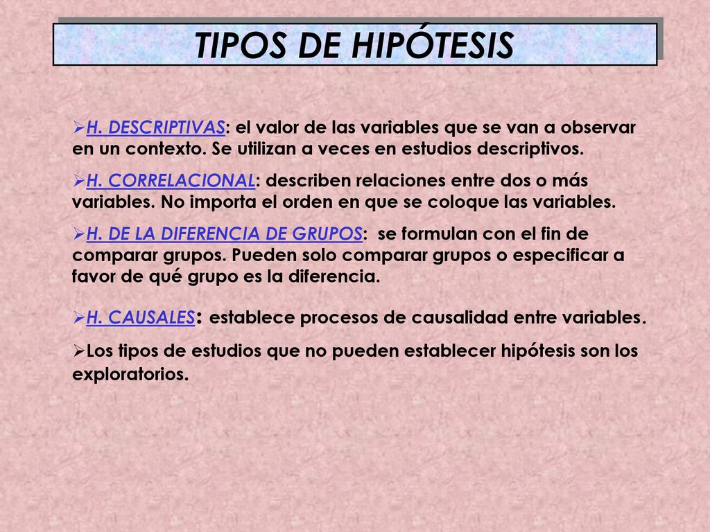 TIPOS DE HIPÓTESIS H. DESCRIPTIVAS: el valor de las variables que se van a observar en un contexto. Se utilizan a veces en estudios descriptivos.