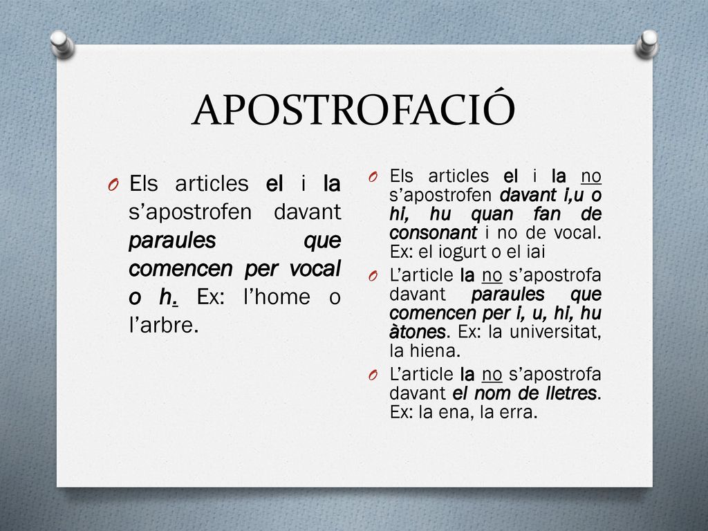 APOSTROFACIÓ Els articles el i la s’apostrofen davant paraules que comencen per vocal o h. Ex: l’home o l’arbre.