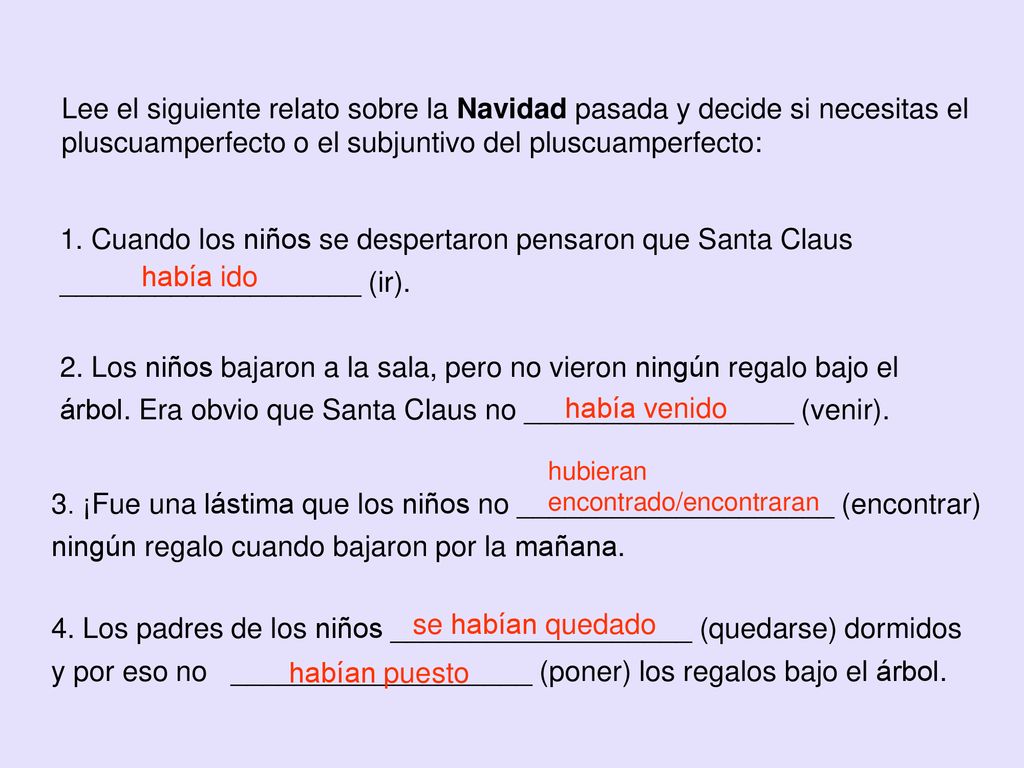 Lee el siguiente relato sobre la Navidad pasada y decide si necesitas el pluscuamperfecto o el subjuntivo del pluscuamperfecto: