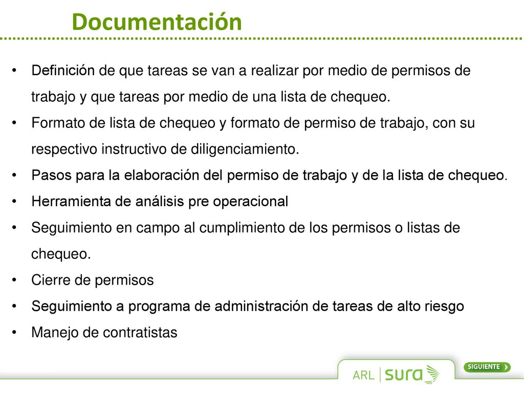 Documentación Definición de que tareas se van a realizar por medio de permisos de trabajo y que tareas por medio de una lista de chequeo.