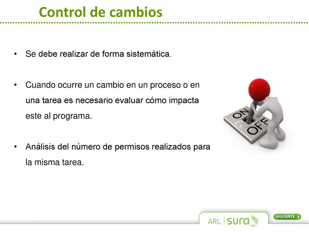 Control de cambios Se debe realizar de forma sistemática.