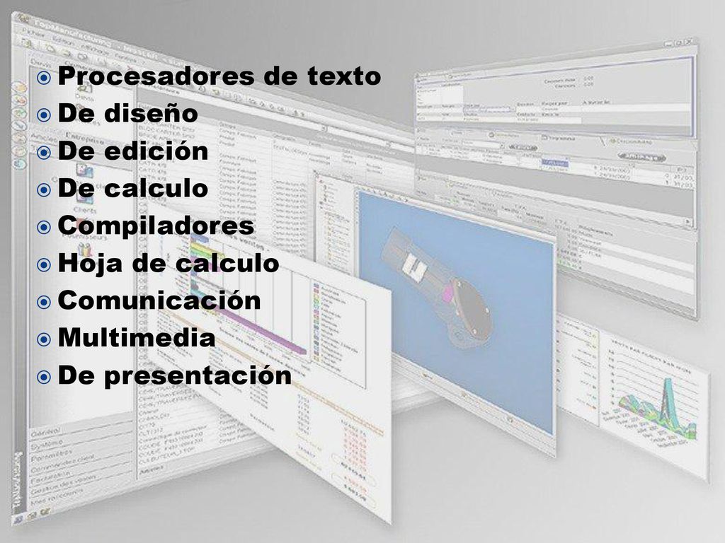 Procesadores de texto De diseño. De edición. De calculo. Compiladores. Hoja de calculo. Comunicación.