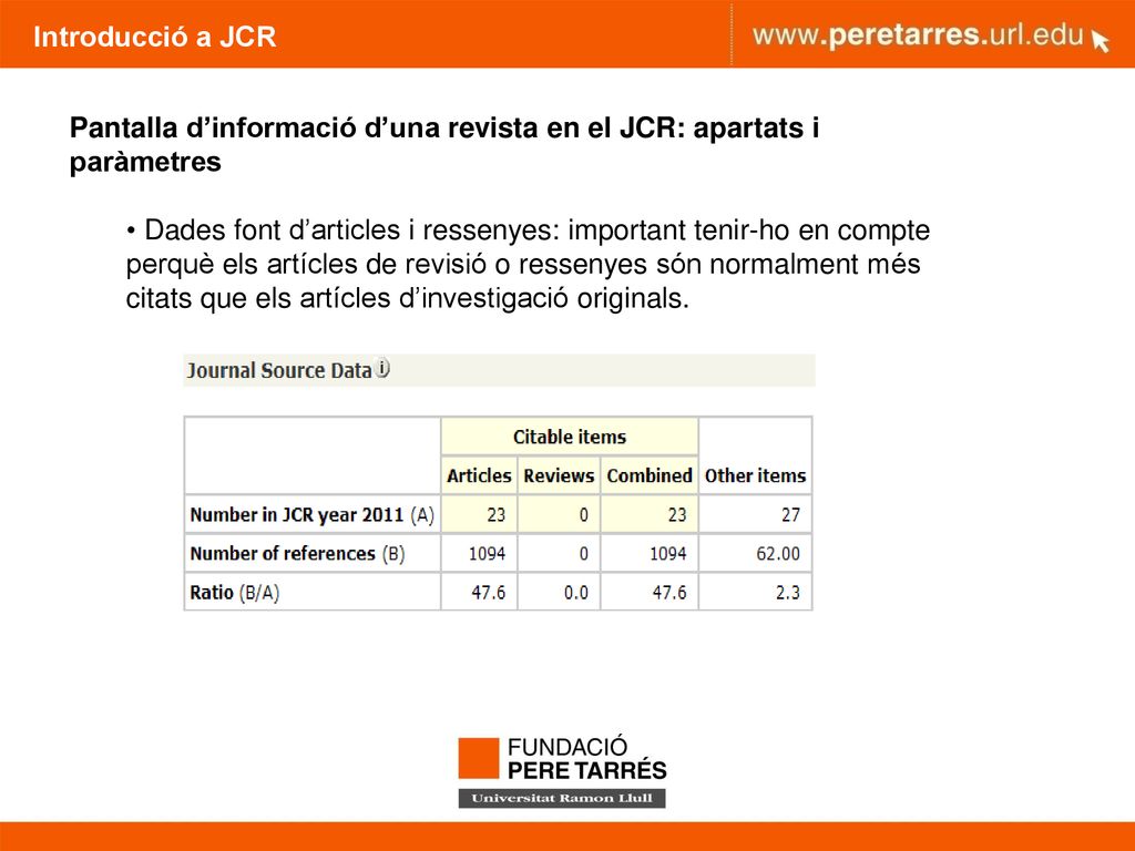Introducció a JCR Pantalla d’informació d’una revista en el JCR: apartats i paràmetres.