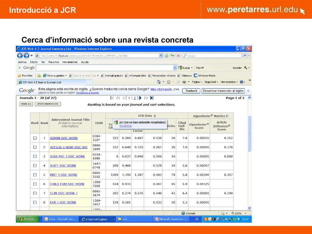 Introducció a JCR Cerca d’informació sobre una revista concreta