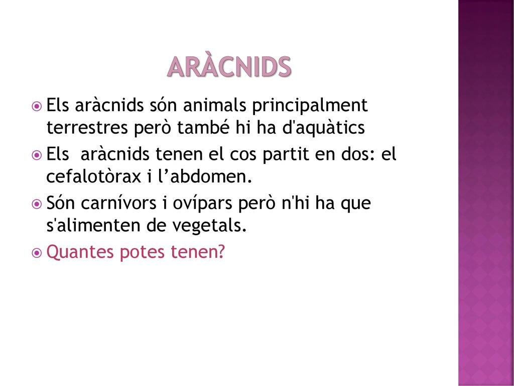 aràcnids Els aràcnids són animals principalment terrestres però també hi ha d aquàtics.
