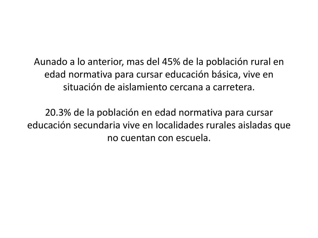 Aunado a lo anterior, mas del 45% de la población rural en edad normativa para cursar educación básica, vive en situación de aislamiento cercana a carretera.