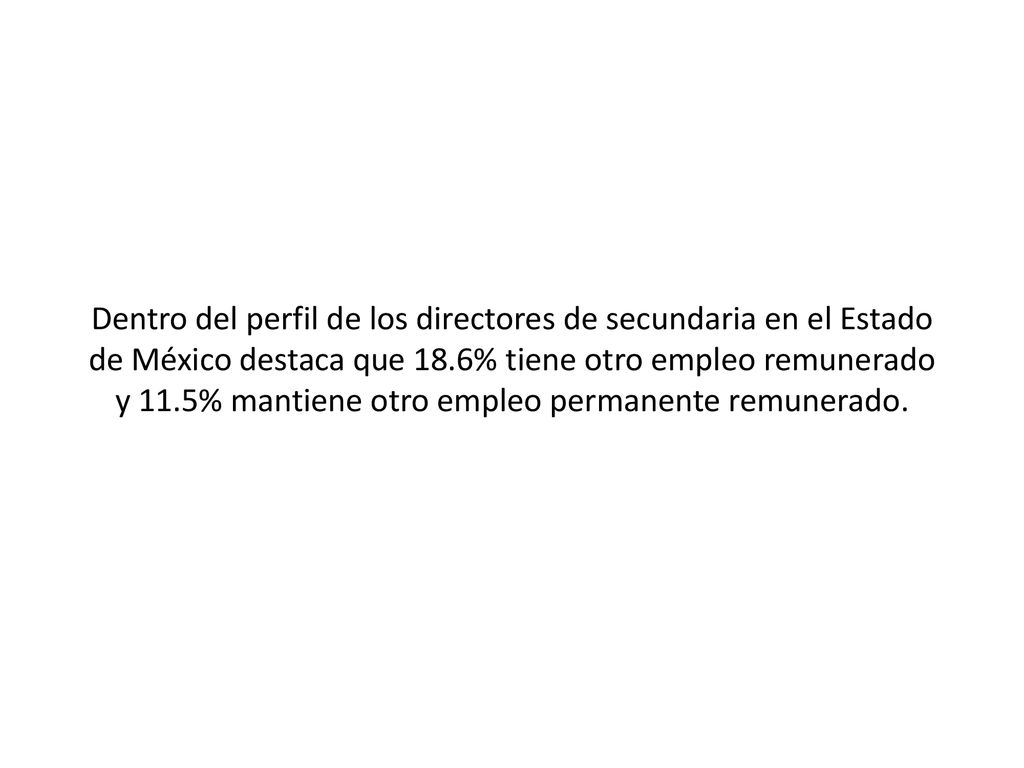 Dentro del perfil de los directores de secundaria en el Estado de México destaca que 18.6% tiene otro empleo remunerado y 11.5% mantiene otro empleo permanente remunerado.