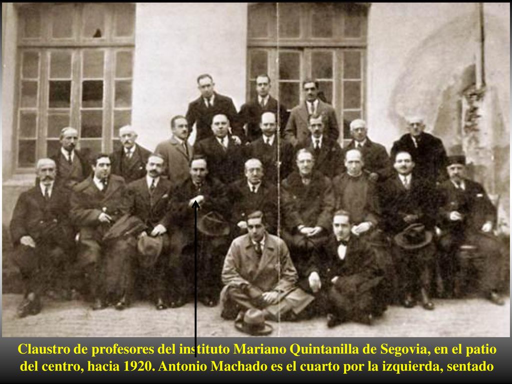 Claustro de profesores del instituto Mariano Quintanilla de Segovia, en el patio del centro, hacia 1920.