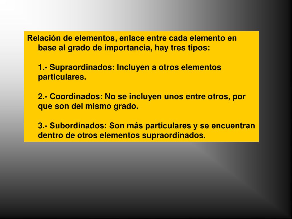 Relación de elementos, enlace entre cada elemento en base al grado de importancia, hay tres tipos: