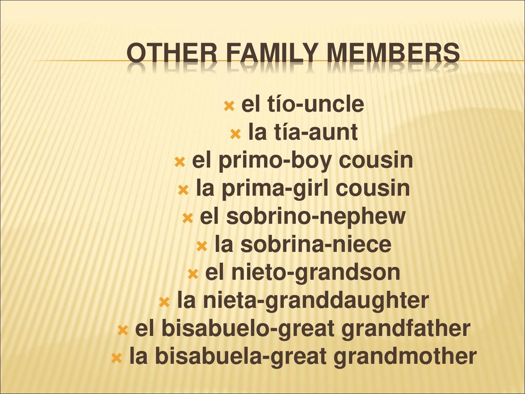 Other family members el tío-uncle la tía-aunt el primo-boy cousin