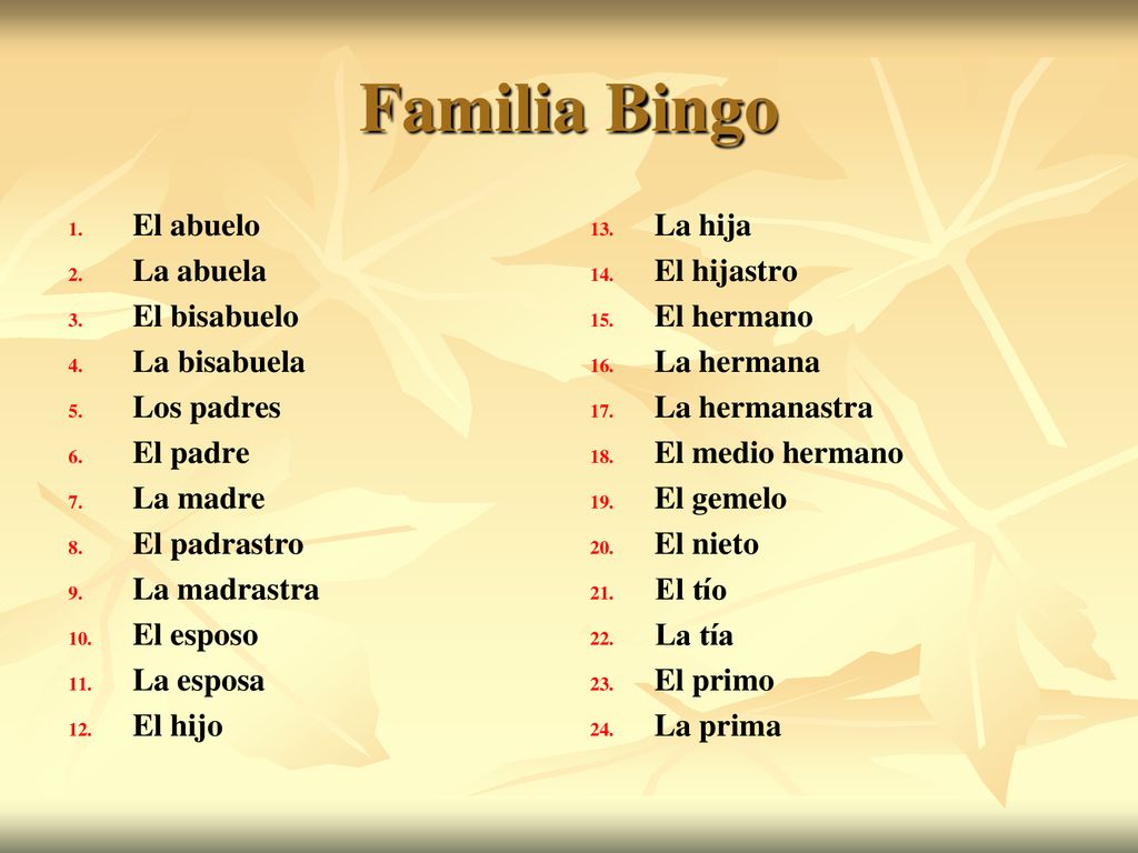 Familia Bingo El abuelo La abuela El bisabuelo La bisabuela Los padres
