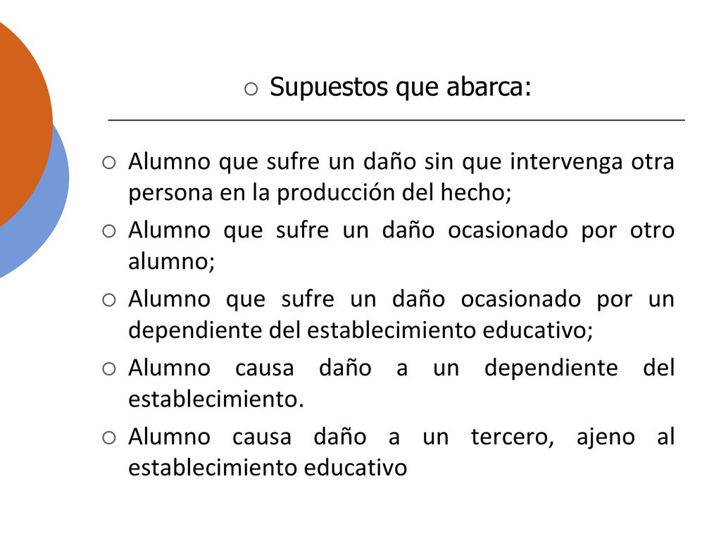 Supuestos que abarca: Alumno que sufre un daño sin que intervenga otra persona en la producción del hecho;