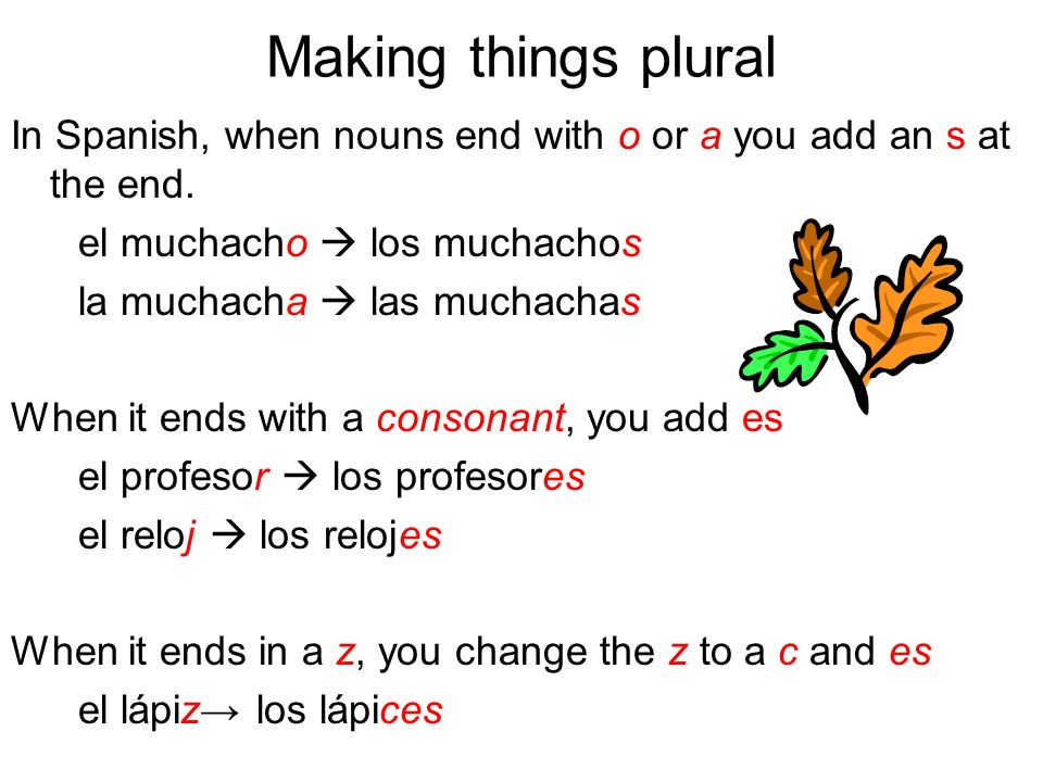 Making things plural In Spanish, when nouns end with o or a you add an s at the end. el muchacho  los muchachos.