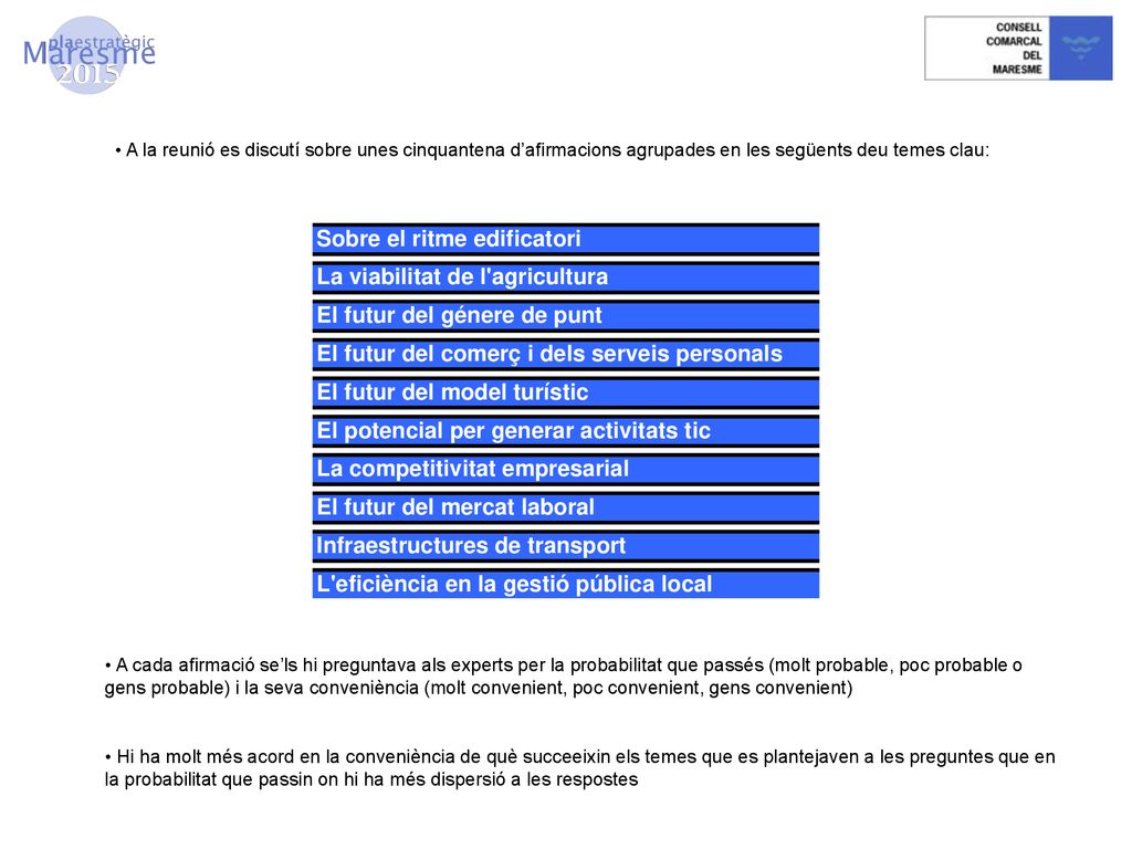 A la reunió es discutí sobre unes cinquantena d’afirmacions agrupades en les següents deu temes clau: