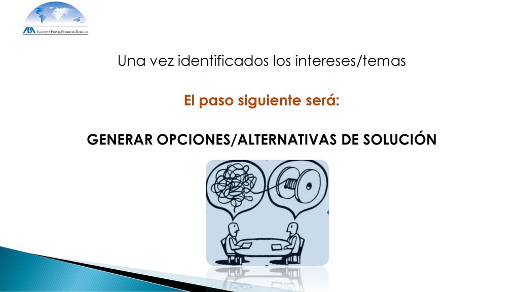 Una vez identificados los intereses/temas El paso siguiente será: GENERAR OPCIONES/ALTERNATIVAS DE SOLUCIÓN