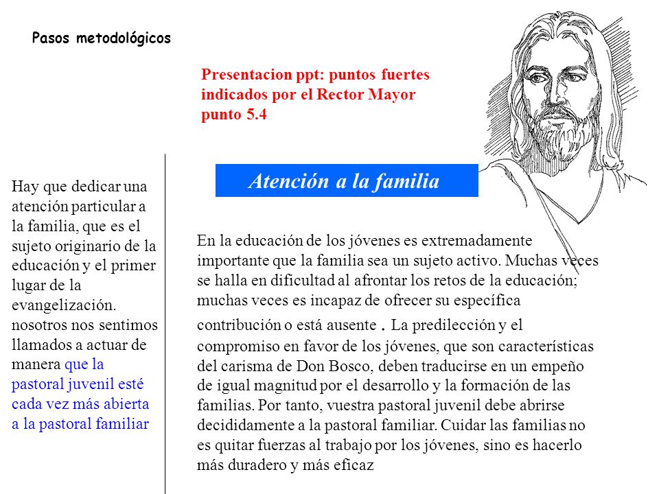 Pasos metodológicos Presentacion ppt: puntos fuertes indicados por el Rector Mayor. punto 5.4. Atención a la familia.