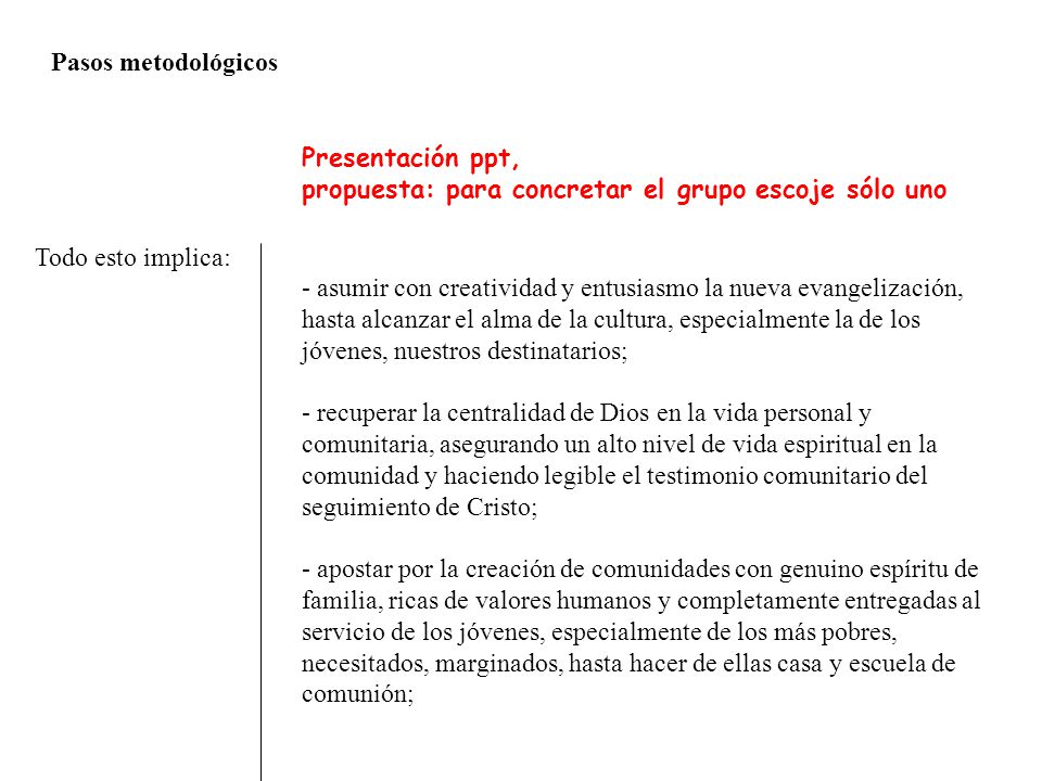 Pasos metodológicos Presentación ppt, propuesta: para concretar el grupo escoje sólo uno. Todo esto implica: