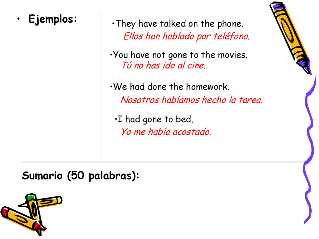 Ejemplos: Sumario (50 palabras): They have talked on the phone.