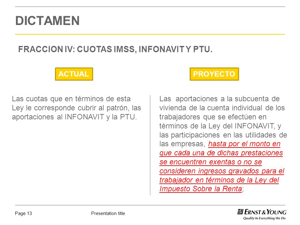 DICTAMEN FRACCION IV: CUOTAS IMSS, INFONAVIT Y PTU. ACTUAL PROYECTO
