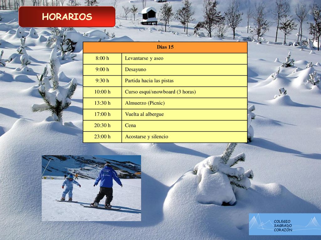 HORARIOS Días 15 8:00 h Levantarse y aseo 9:00 h Desayuno 9:30 h