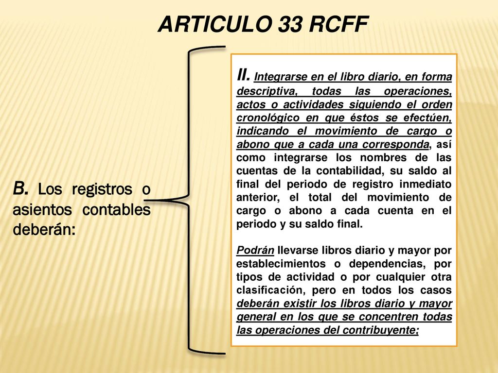 ARTICULO 33 RCFF B. Los registros o asientos contables deberán: