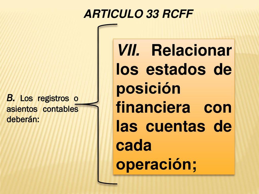 ARTICULO 33 RCFF VII. Relacionar los estados de posición financiera con las cuentas de cada operación;