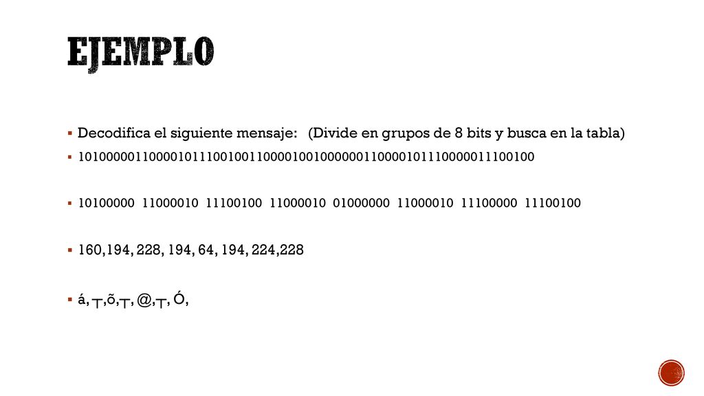 Ejemplo Decodifica el siguiente mensaje: (Divide en grupos de 8 bits y busca en la tabla)
