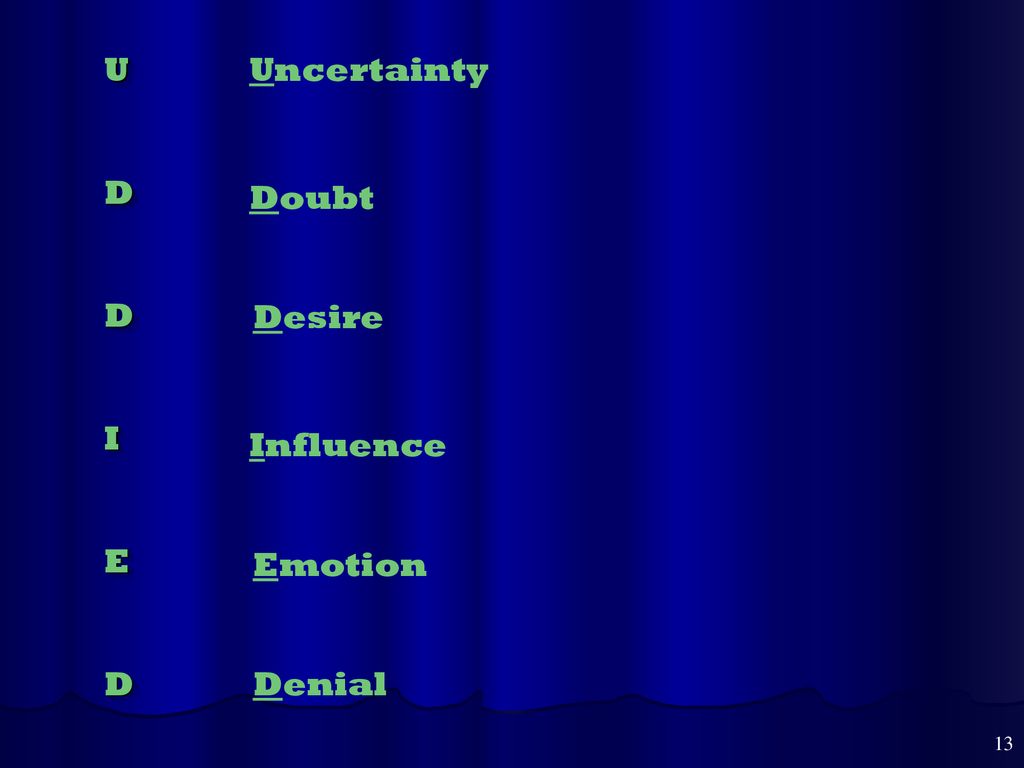 U D I E Uncertainty Doubt Desire Influence Emotion Denial 13 13