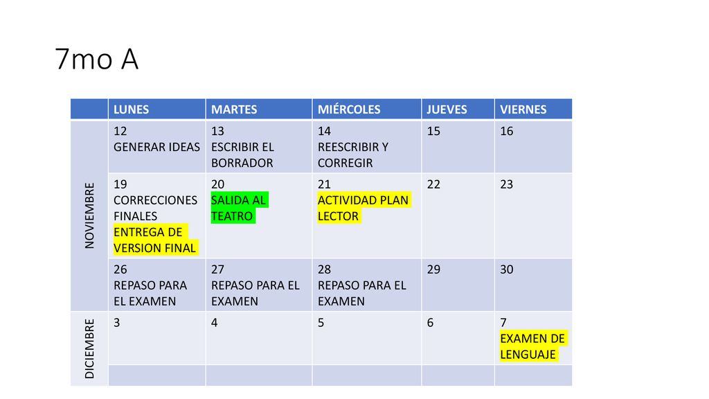 7mo A LUNES MARTES MIÉRCOLES JUEVES VIERNES NOVIEMBRE 12 GENERAR IDEAS