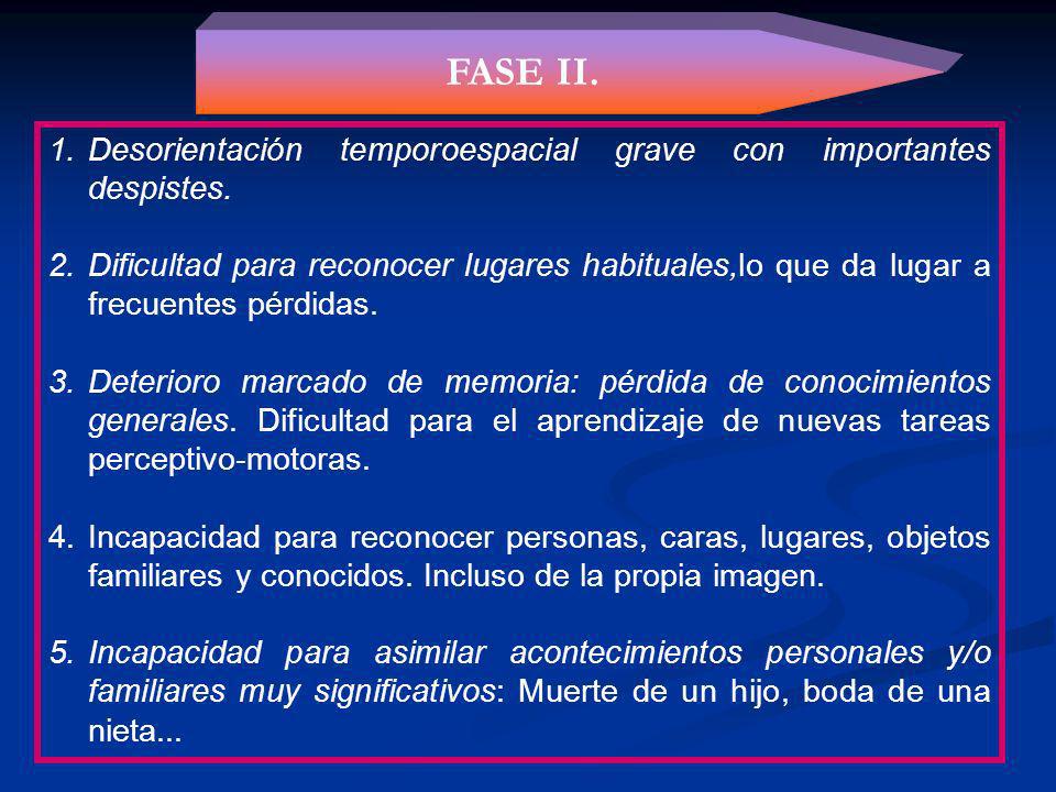 FASE II. Desorientación temporoespacial grave con importantes despistes.