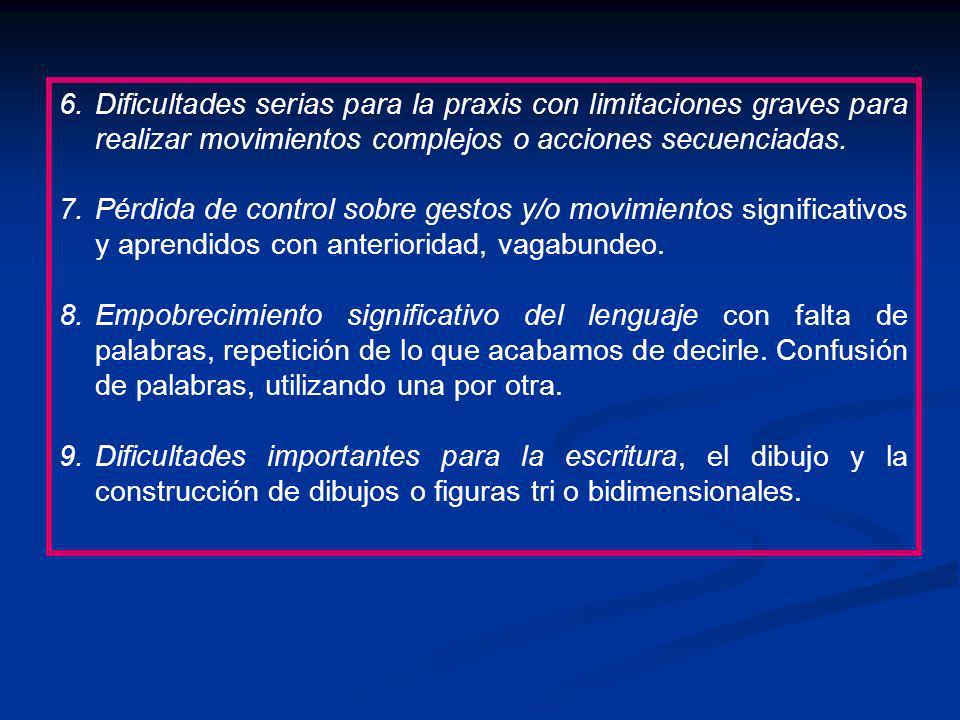 Dificultades serias para la praxis con limitaciones graves para realizar movimientos complejos o acciones secuenciadas.