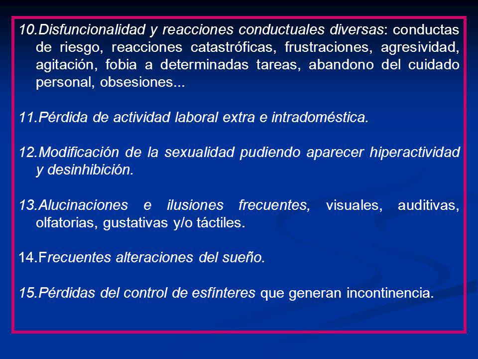 Disfuncionalidad y reacciones conductuales diversas: conductas de riesgo, reacciones catastróficas, frustraciones, agresividad, agitación, fobia a determinadas tareas, abandono del cuidado personal, obsesiones...